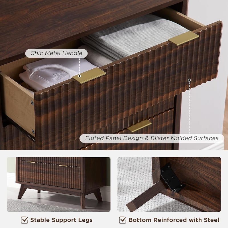 Modern Fluted 5 Drawers Dresser, Chest of Drawers, Dresser TV Stand