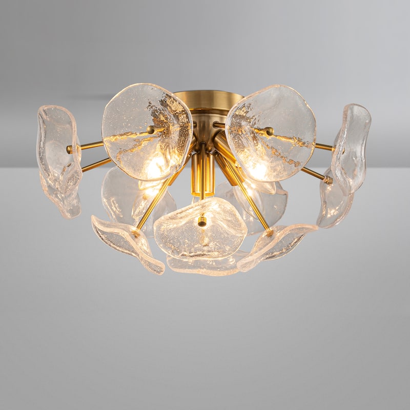 Starsky 5-Light Flush Mount Chandelier with Hand-Blown Flower Glass Shades, Art Deco/Mid-Century Style - Gold