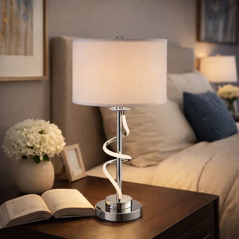Jame 29 Inch Table Lamp, Drum Fabric Shade, Accent Round Chrome Base