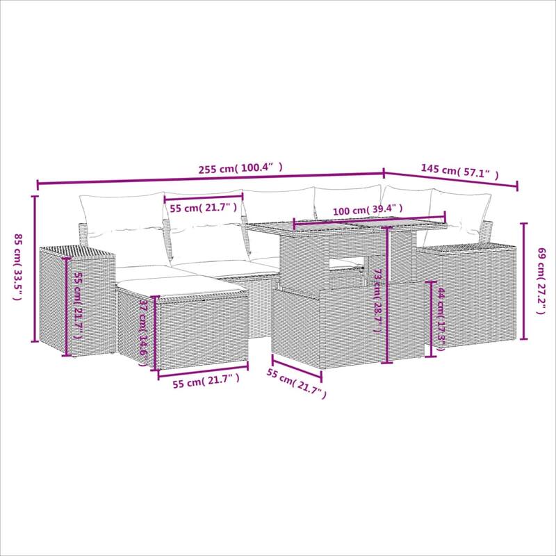vidaXL Patio Sofa Set with Cushions Outdoor Furniture 7 Piece Poly Rattan - 21.7 x 24.4 x 27.2