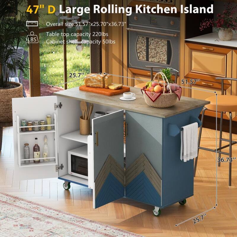 47"D Wood Kitchen Island with Drop Leaf, with Internal Storage Rack