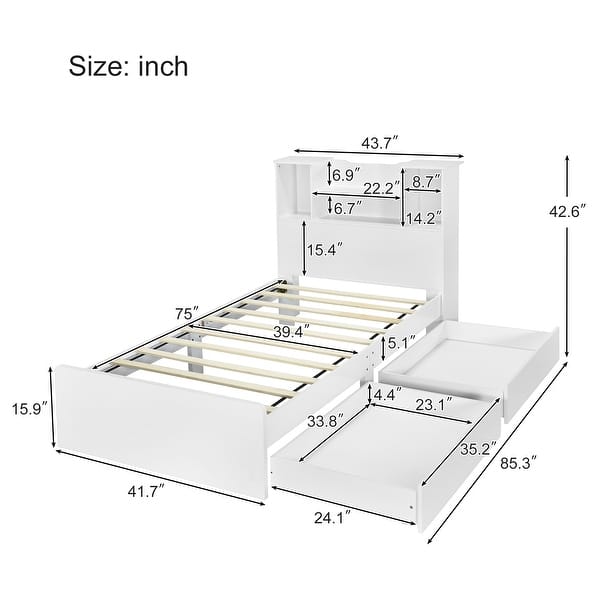 Twin Storage Platform Bed with 4 Shelves, 2 Drawers, LED Light, White