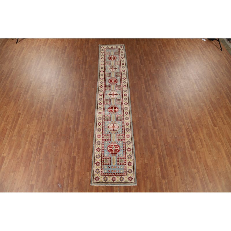 Geometric Blue Kazak Oriental Runner Rug Handmade Wool Carpet - 2'6" x 13'1"