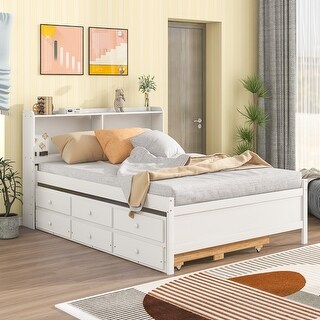 Pine Platform Bed with Storage Headboard, Trundle, and Drawers