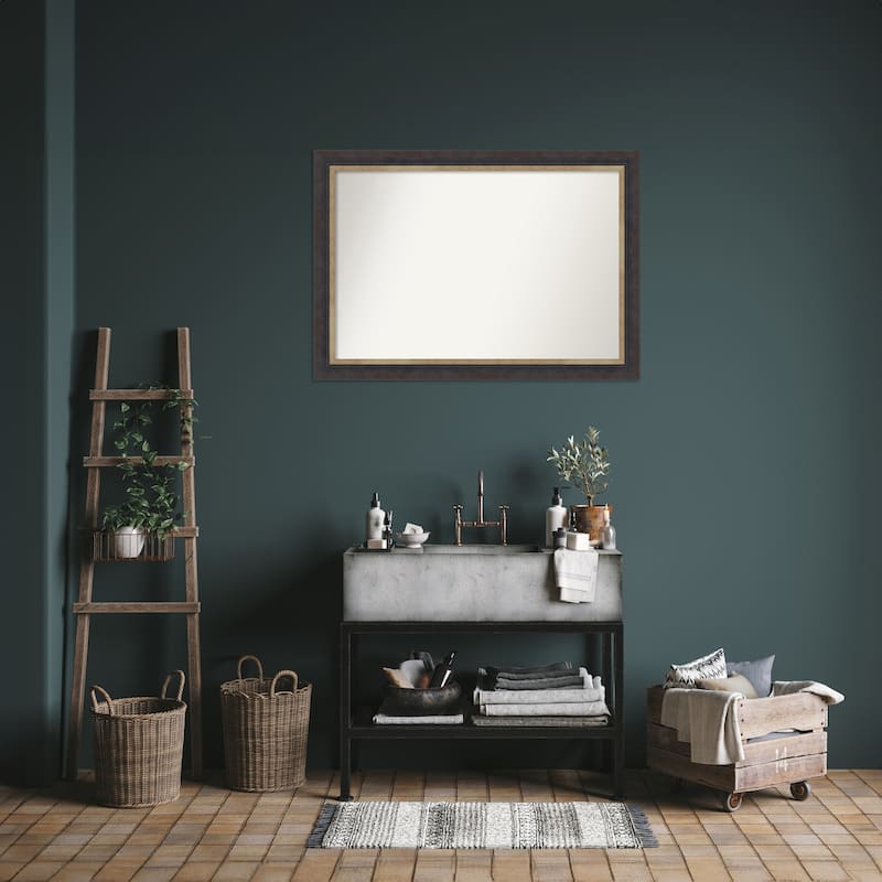 Hammered Charcoal Tan Non-Beveled Wood Framed Bathroom Vanity Wall Mirror - Hammered Charcoal Tan