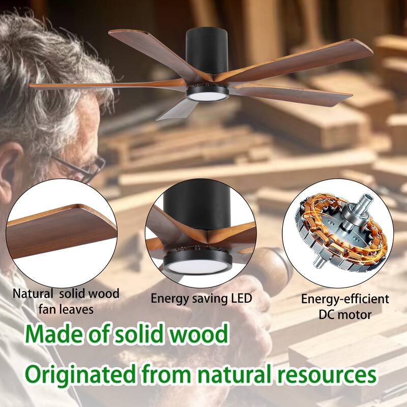 60" Ceiling Fan with Light, Flush Mount, 5 Wood Blades, Quiet Reversible DC Motor, Remote Control, Dimmable Full-Spectrum LED