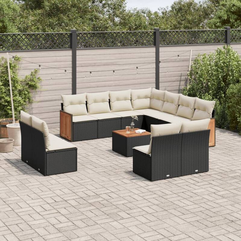 vidaXL Patio Sofa Set with Cushions Outdoor Conversation Furniture Poly Rattan - Black and Cream-With table - 24.4 x 24.4 x 27.2