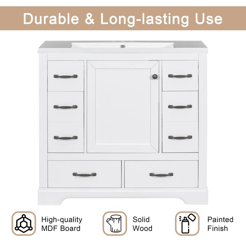 36" Bathroom Wood Storage Vanity Cabinet with Ceramic Sink, 6 Drawers