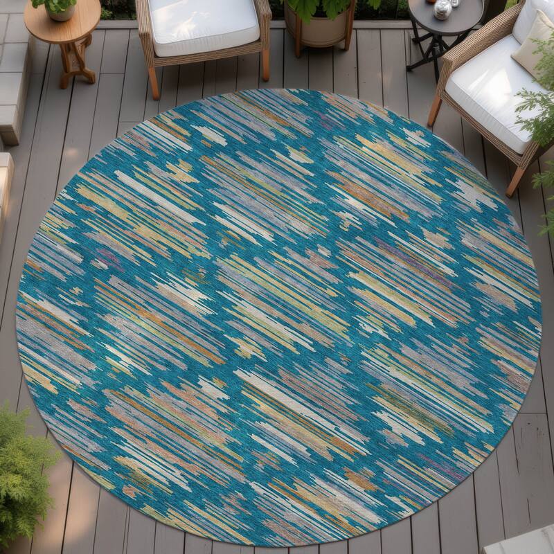 Machine Washable Indoor/ Outdoor Modern Trellis Chantille Rug - Teal - 8' x 8'