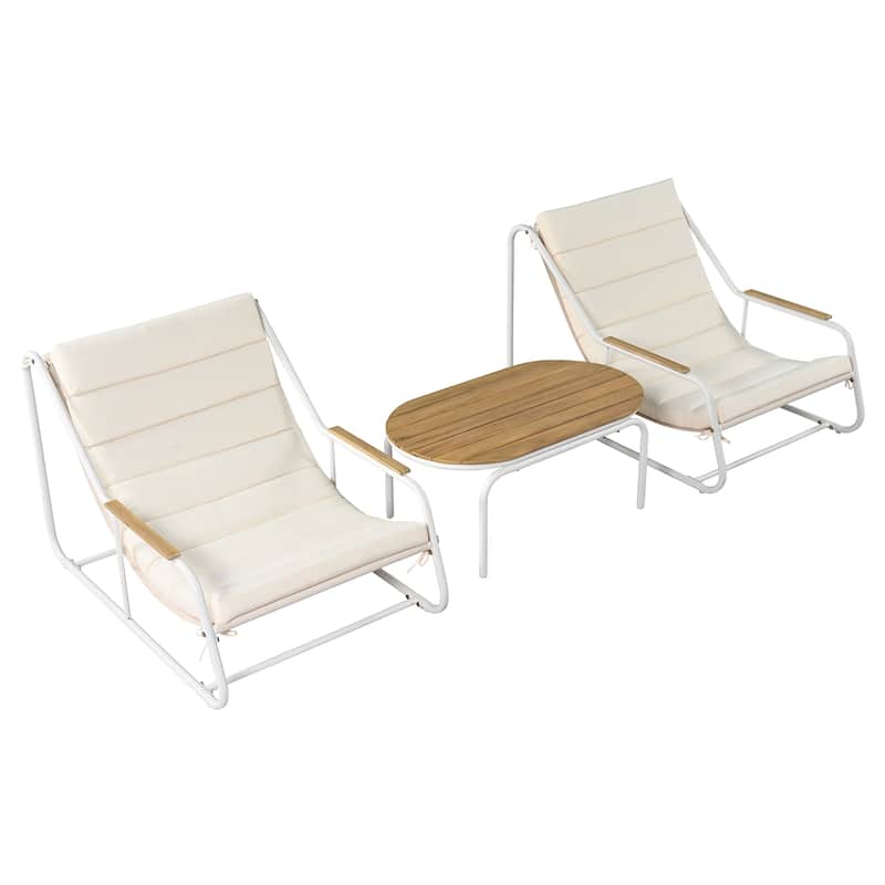 Outdoor Chaise Lounge Set of 3 with Cushion, Patio Lounge Chair Recliner with Acacia Side Table