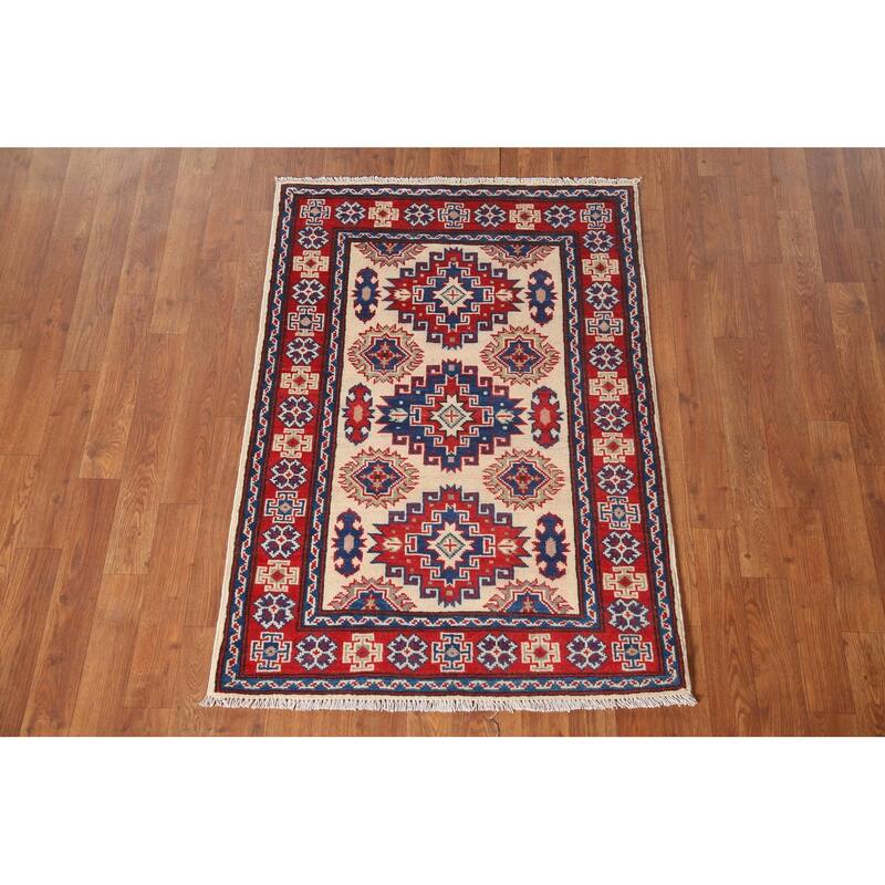 Beige Traditional Kazak Accent Rug Hand-Knotted Wool Carpet - 2'9" x 4'0"