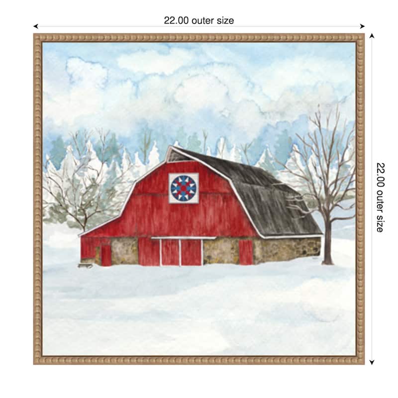 Winter Barn Quilt IV by Tara Reed (22 x 22 in.), Framed Canvas Wall Art Print - Sylvie Beaded Rustic Natural