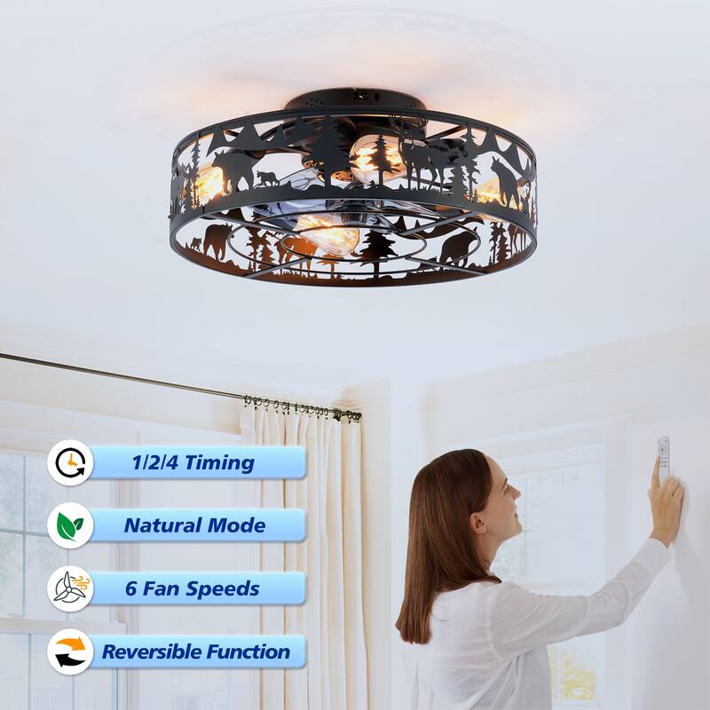 20" Caged Ceiling Fans with Remote, Bladeless Ceiling Fan 6 Speed Reversible with Remote Control - Matte Black