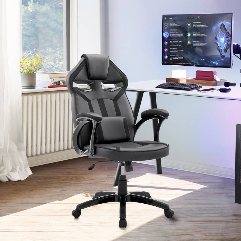 Aspect Adjustable Gaming Chair in Faux Leather with Mesh and Lumbar Support Pillow - Black