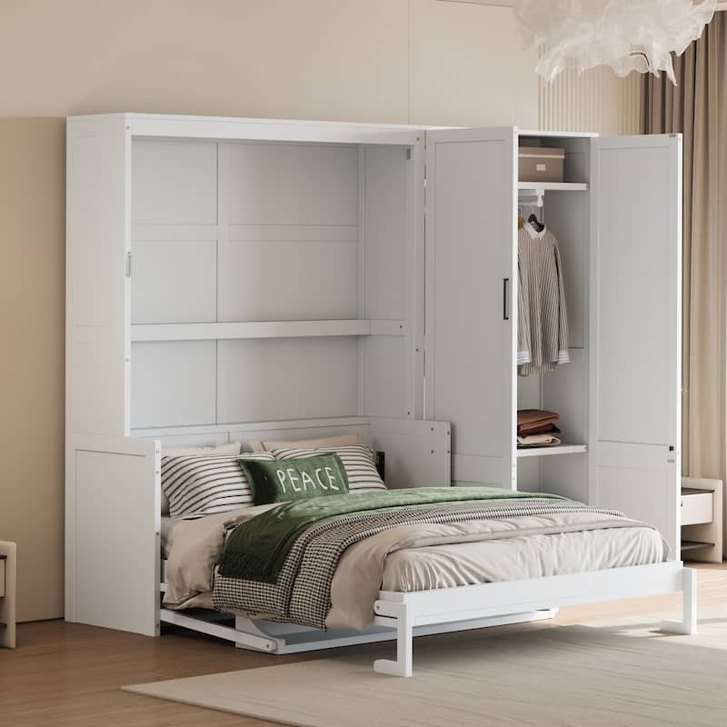 Queen Size Murphy Bed Wall Cabinet Bed with Built-in Wardrobe, Integrated Storage Shelf and Hydraulic Lift System