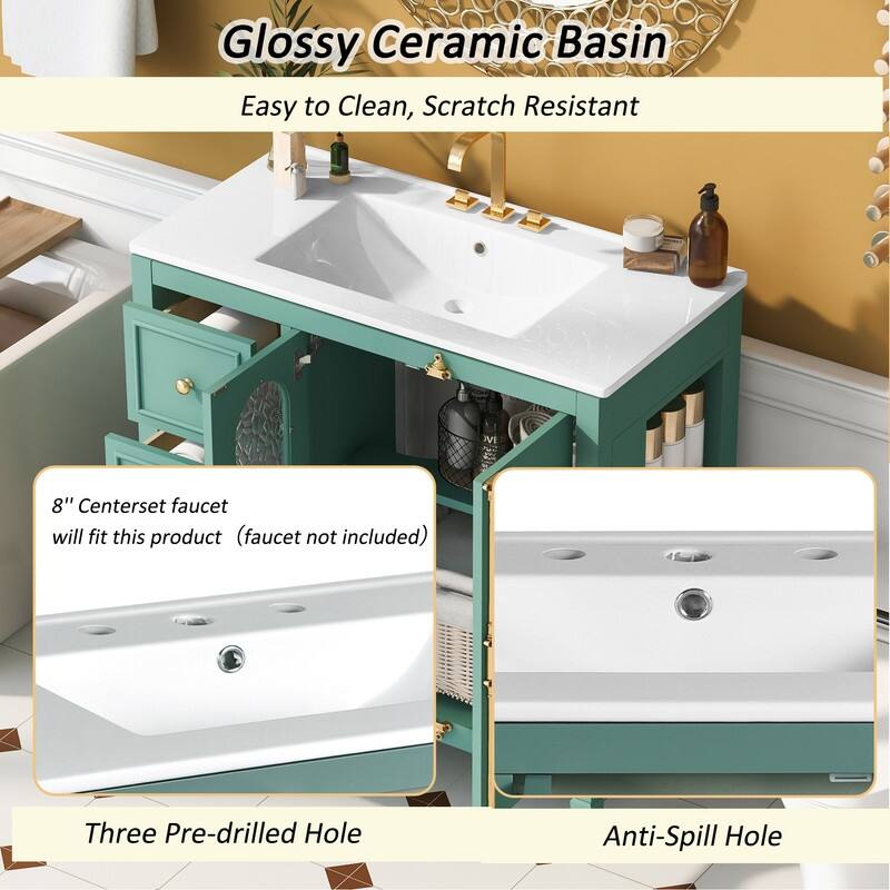 Bathroom Vanity with 36-inch Sink, Wood Modern Bathroom Storage Cabinet with 3 Drawers & 2 Soft Close Glass Doors