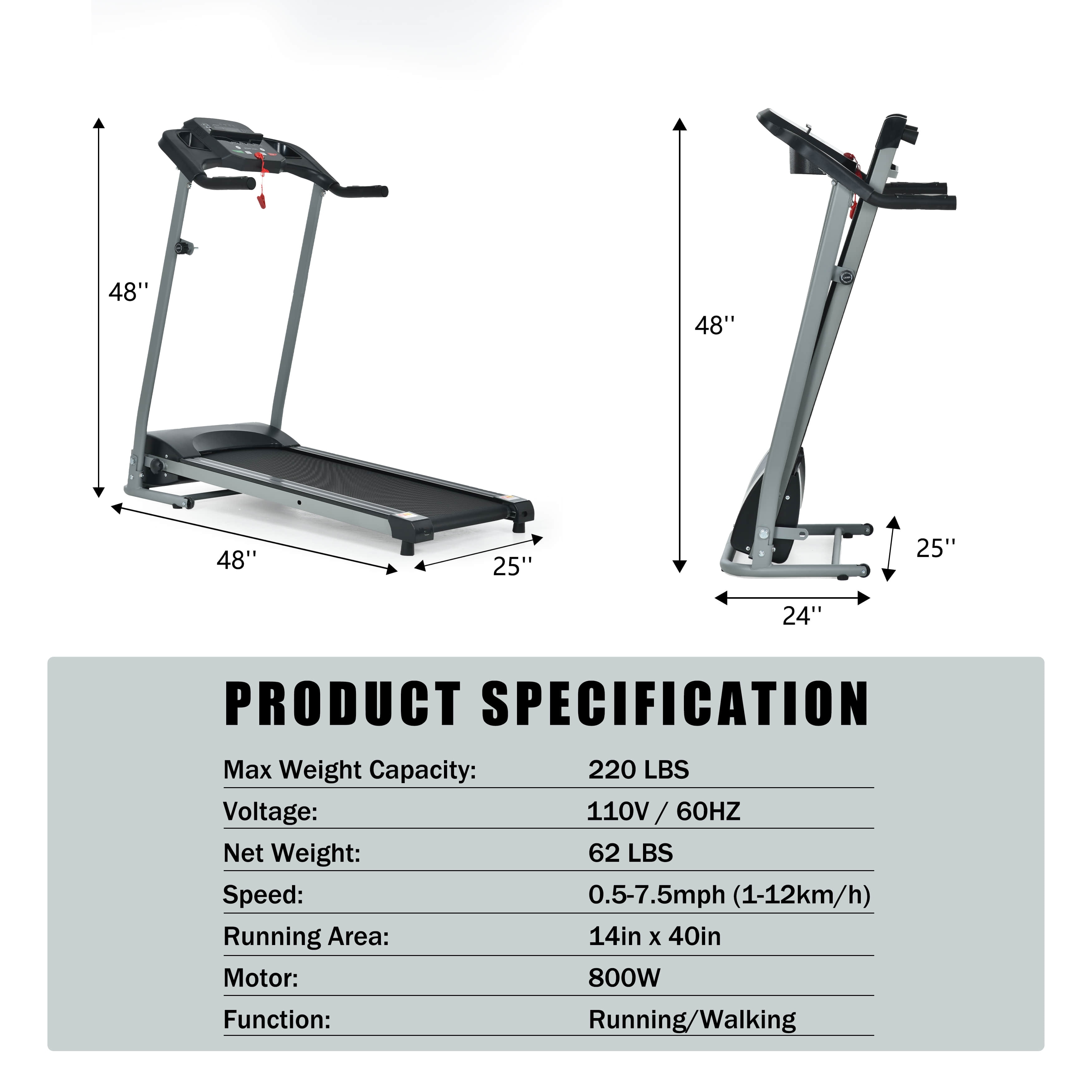 800W Folding Treadmill Electric Motorized Power Running 48