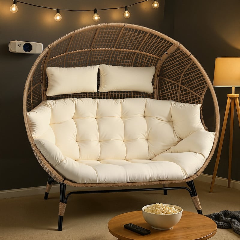 2-Person Indoor Wicker Egg Chair Loveseat, 57.1" Wide, 6.5" Cushion, 680-lb Capacity