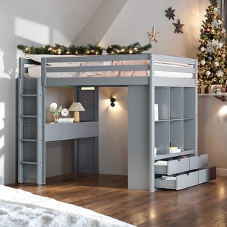 Full Size Loft Bed With Large Shelves,Writing Desk and LED Light for Home