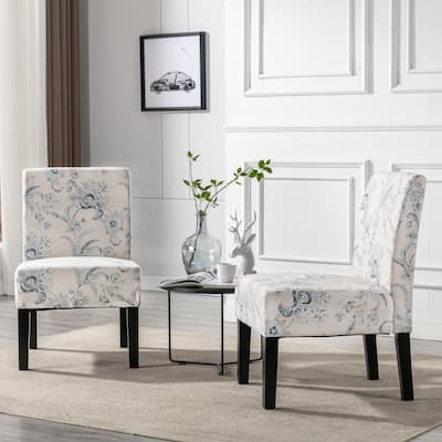 Contemporary Traditional Fabric Print Accent Chairs Slipper Dining Chairs with Elegant Tapered Legs for Dining Room Set of 2