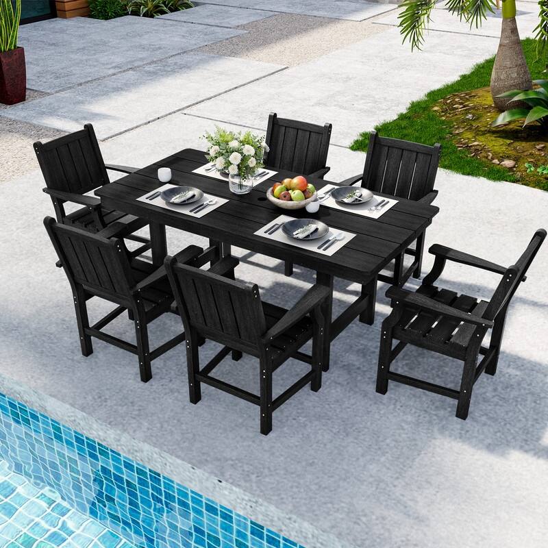 Black 5/7-Piece HDPE Plastic Patio Outdoor Dining Set with Arm Chairs