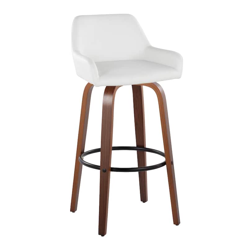 Porch & Den Galotti 30" Fixed-Height Bar Stool with Bent Wood Legs & Round Footrest (Set of 2) - White Faux Leather/Walnut/Black Metal