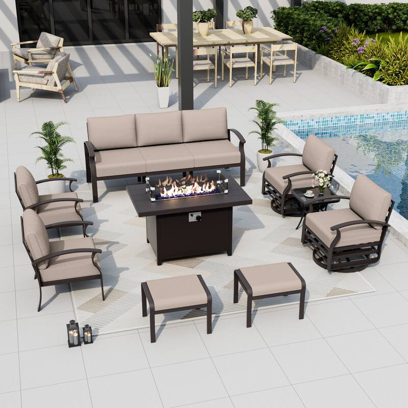 Aluminum Patio Furniture Set with Fire Pit, Ottomans & Rocking-Swivel Chairs, Modular Sofa with Thick Cushions - 7Seats w/Ottomans - Khaki