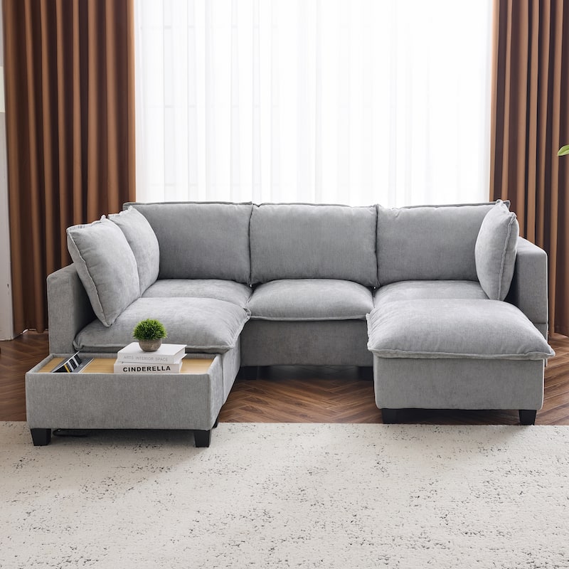 90" U-shaped Sofa with Ottoman and Hidden Charging Coffee Table, Grey Chenille