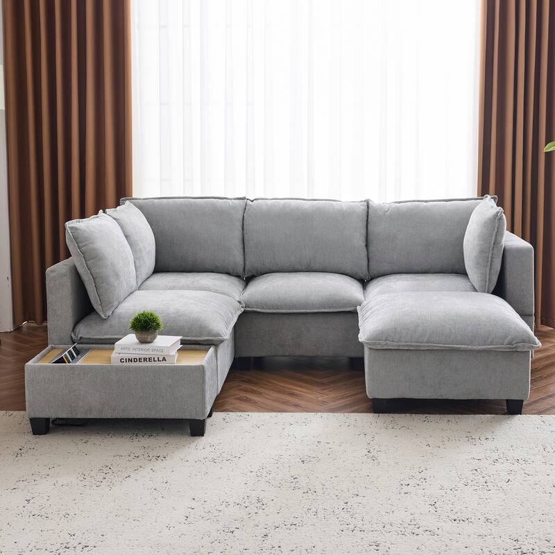U-shaped Sectional Sofa Modular Sofa Couch with Movable Ottoman Coffee Table and Hidden Charging Devices for Living Room