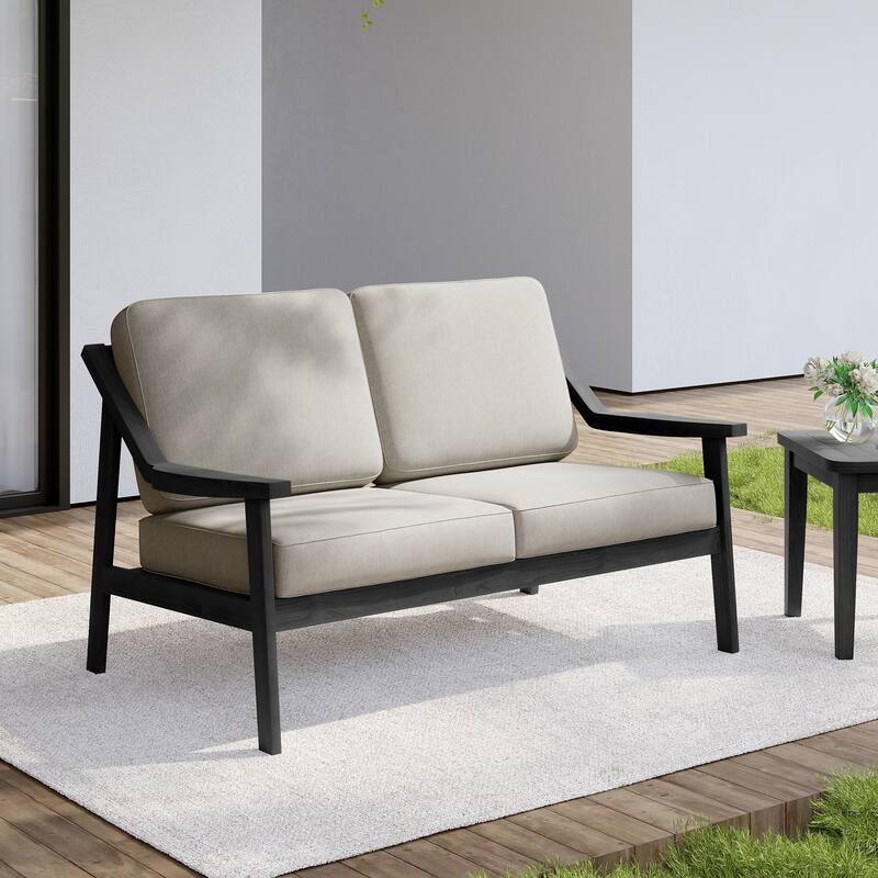 Outdoor Wood Teak Patio 2 Seater Loveseat with Cushion - Dark Wood - Light Camel