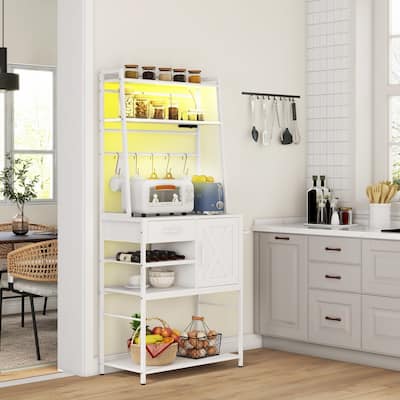 HOMCOM Baker's Rack with Power Outlet and LED Lights, Coffee Bar with Storage Shelves, Industrial Microwave Stand