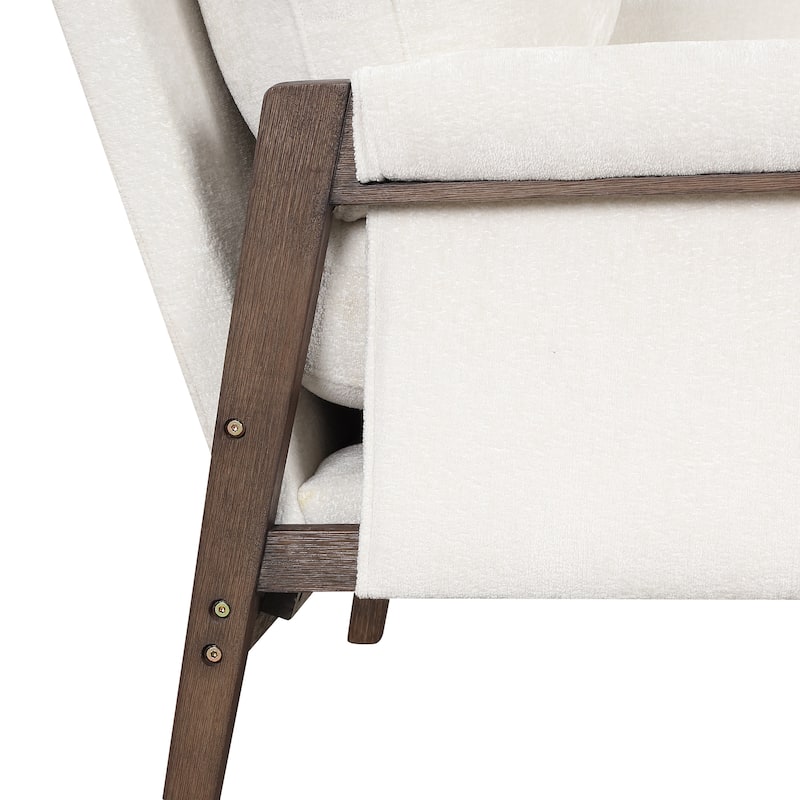 White Mid-Century Modern 35.4" Velvet Arm Chair with Solid Rubber Wood Frame and Padded Feet