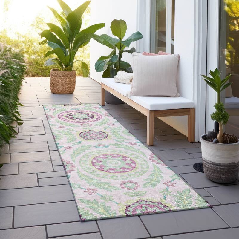 Machine Washable Indoor/ Outdoor Chantille Suzani Boho Rug - Pink - 2'3" x 7'6"