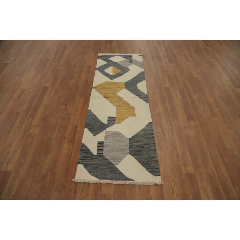 Hand Woven Oriental 100% Wool Carpet Southwestern Modern Beige & Ivories Kilim Runner Rug - 5' 10'' X 2' 0''