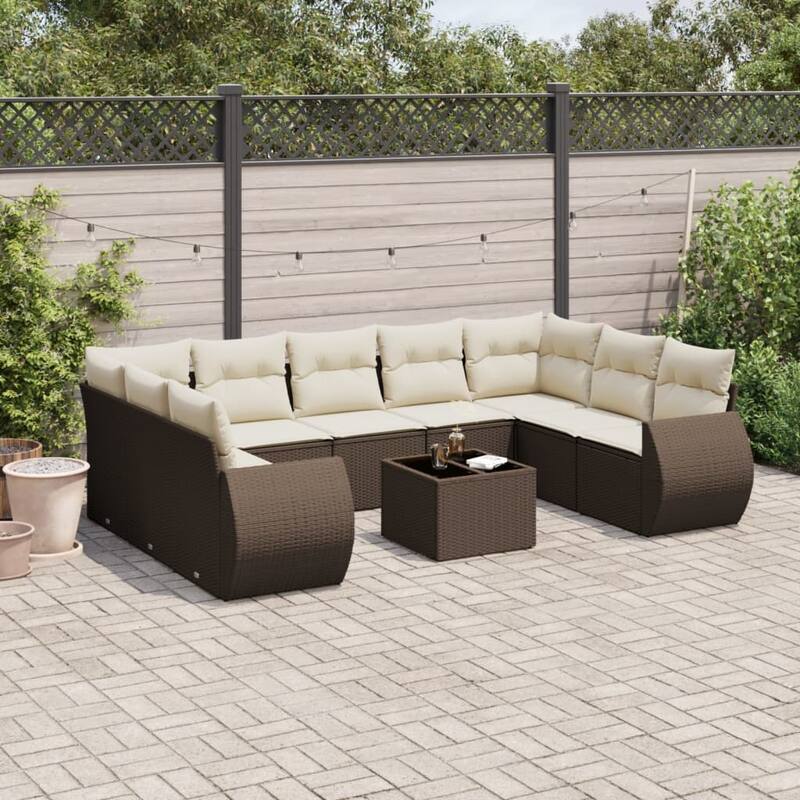 vidaXL Patio Sofa Set with Cushions Outdoor Conversation Furniture Poly Rattan - Brown and cream with table - 21.7 x 21.7 x 14.6