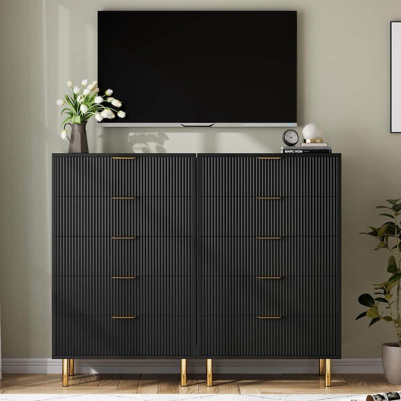 5 Drawer Dresser for Bedroom with Gold Handles, Modern Wooden Chest of Drawers