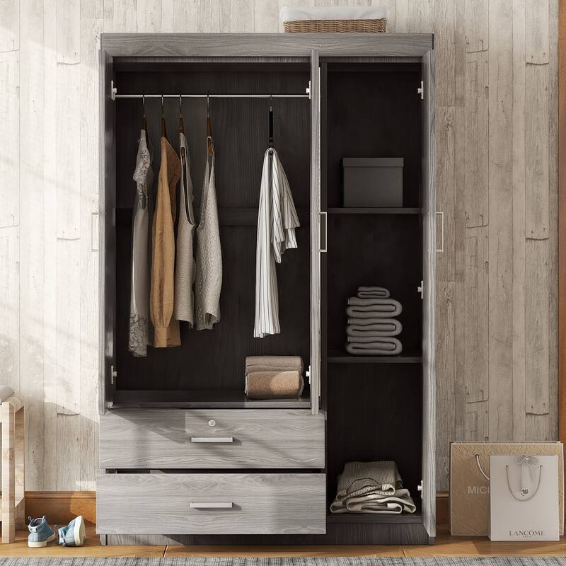 3-Door Mirror Wardrobe with shelves, Storage Cabinet - Grey
