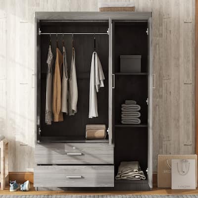 Bedroom Gray Wardrobe, 3-door Freestanding Cabinet Armoires with Single Mirror Door, Hanging Clothes Rod and Drawers with Lock