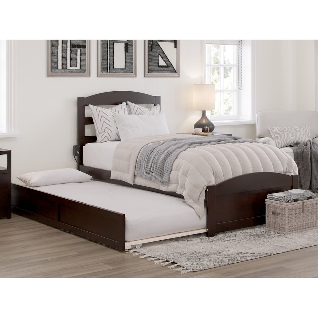 Solid Wood Platform Bed with Trundle & Charging Station - Twin Size Espresso Finish