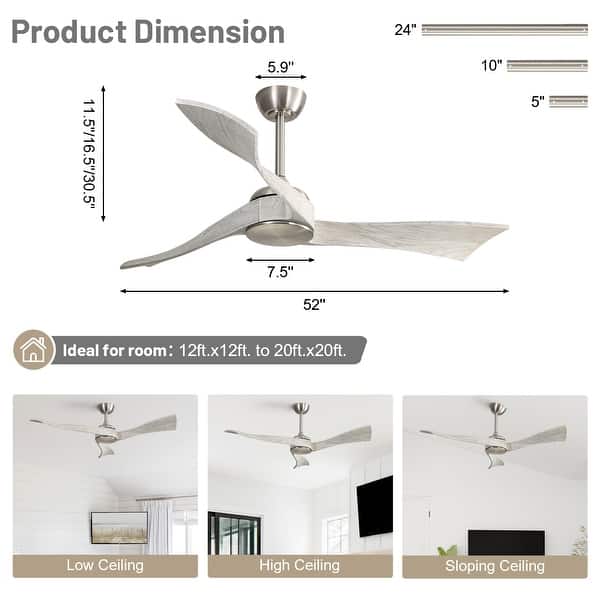dimension image slide 2 of 13, Sofucor 48/52 Inch Solid Wood Ceiling Fan with Light Optional, 6-Speed Reversible DC Motor and Remote control,Smart Optional