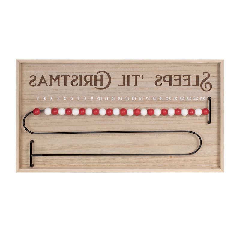 HomeRoots 11" X 20" Natural And Red Wood Sleeps 'Til Christmas Advent Calendar Hanging Wall Decor