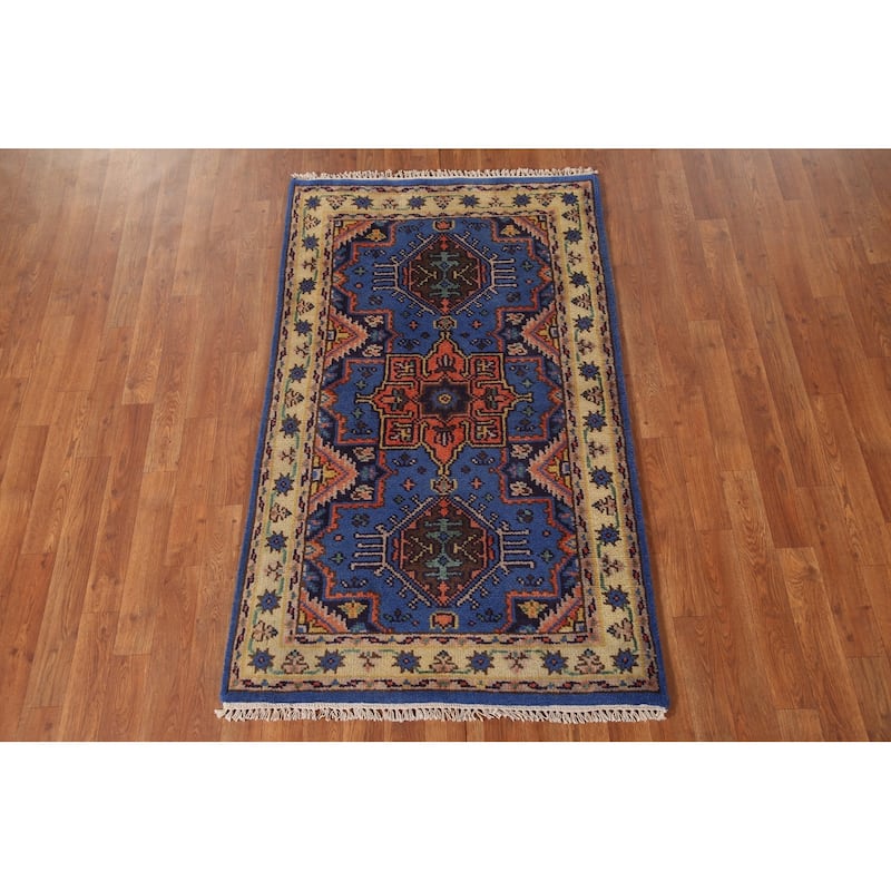 Blue Geometric Kazak Oriental Accent Rug Handmade Wool Carpet - 3'0"x 5'0"