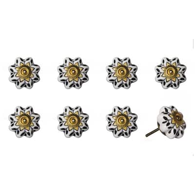 Set of 8 Hand-Painted Black Yellow Ceramic Drawer Pull Knobs - 1.50” x 1.50” x 1.50”