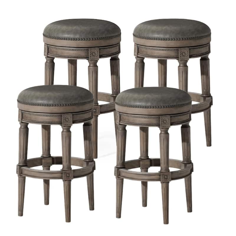 Maven Lane Pullman Backless Swivel Kitchen Stool - Set of 4 - Reclaimed Oak Vegan Leather - Bar Height
