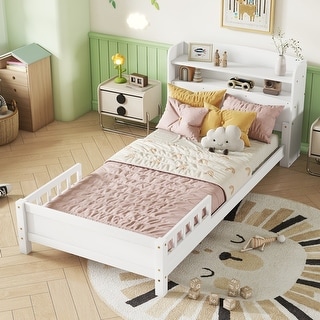 Pine Wood Platform Bed with Bookcase Headboard Built-in Motion Sensor Light, Convertible Guardrails, Storage Bed for Kids