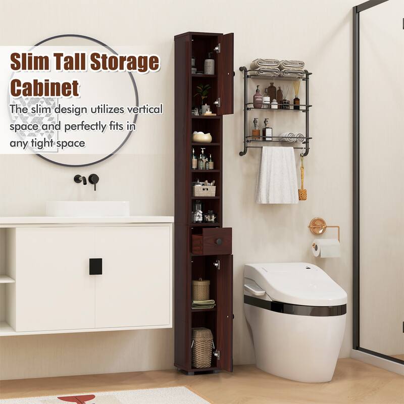 Gymax Tall Slim Bathroom Storage Cabinet Linen Tower w/Drawer