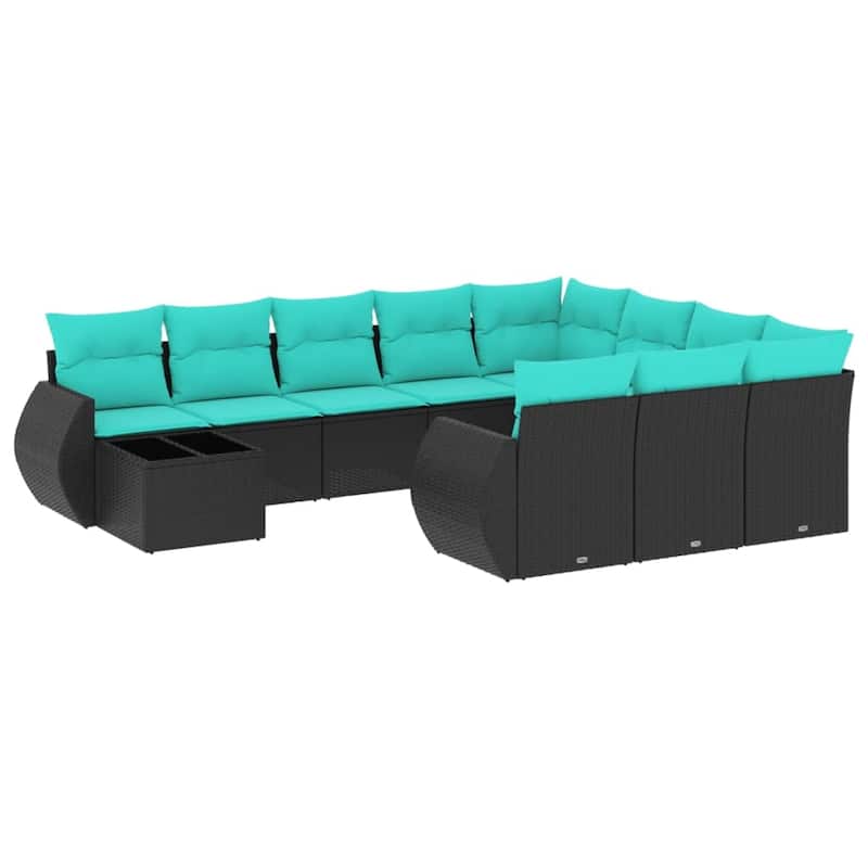 vidaXL 11 Piece Patio Sofa Set with Cushions Black Poly Rattan - 28 x 24.4 x 27.2