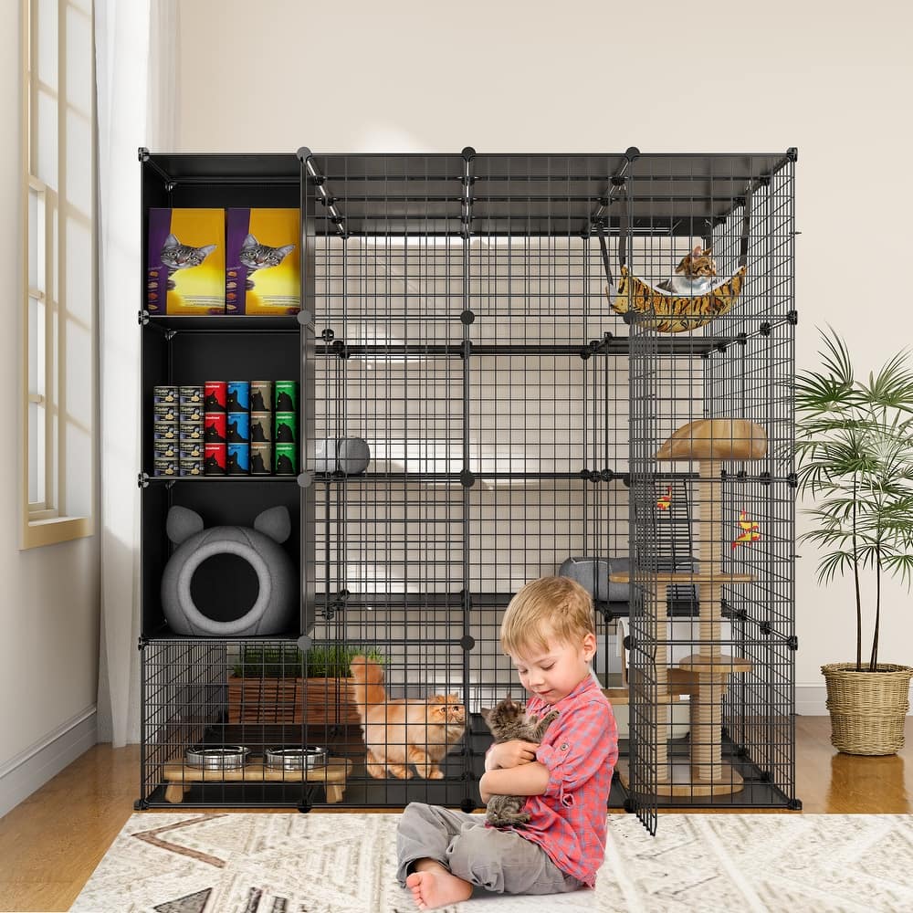 Large 4-layer Metal Cat Cage Indoor DIY Kennel with Storage Cube and Hammock