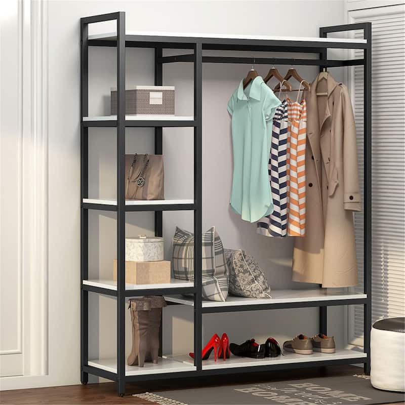 Brown/ Black Wood Industrial Clothing rack with shelves, 5-Tier Clothes Garment Rack Closet Organizer System with Hanging Rod