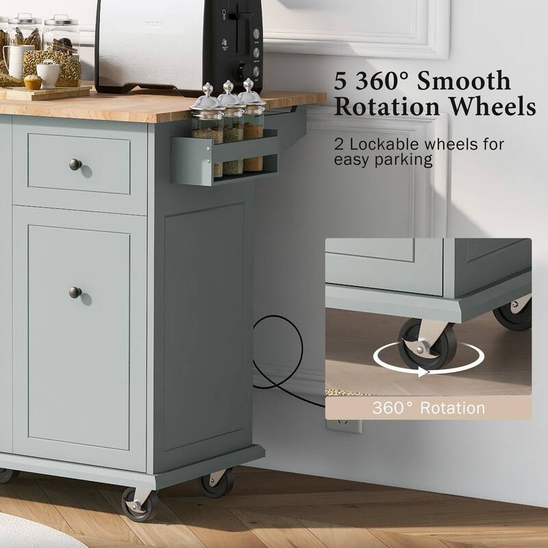 Rubberwood Kitchen Cart with Drop Leaf, Internal Storage Rack, and 2 Drawers